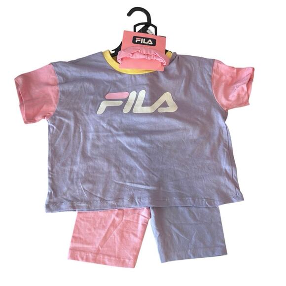 NWT Fila Girl’s 2 Piece Tee and Shorts Set Size 5/6 Pink Purple Activewear Logo - Picture 1 of 11